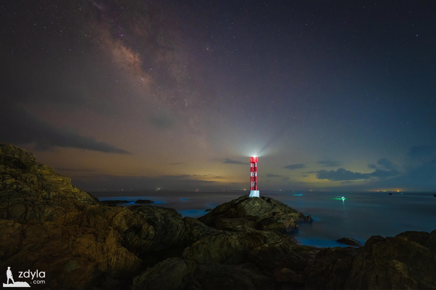 Lighthouse, galaxy, fluorescent sea